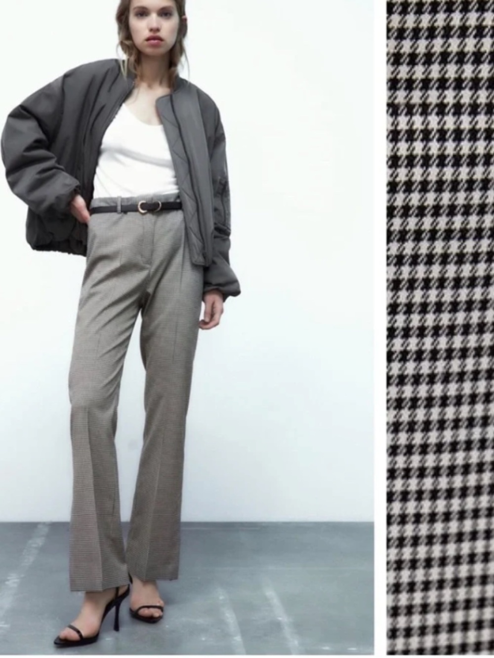 Zara Ecru/Black Houndstooth High-Waist Split Hem Business Trousers Size Small